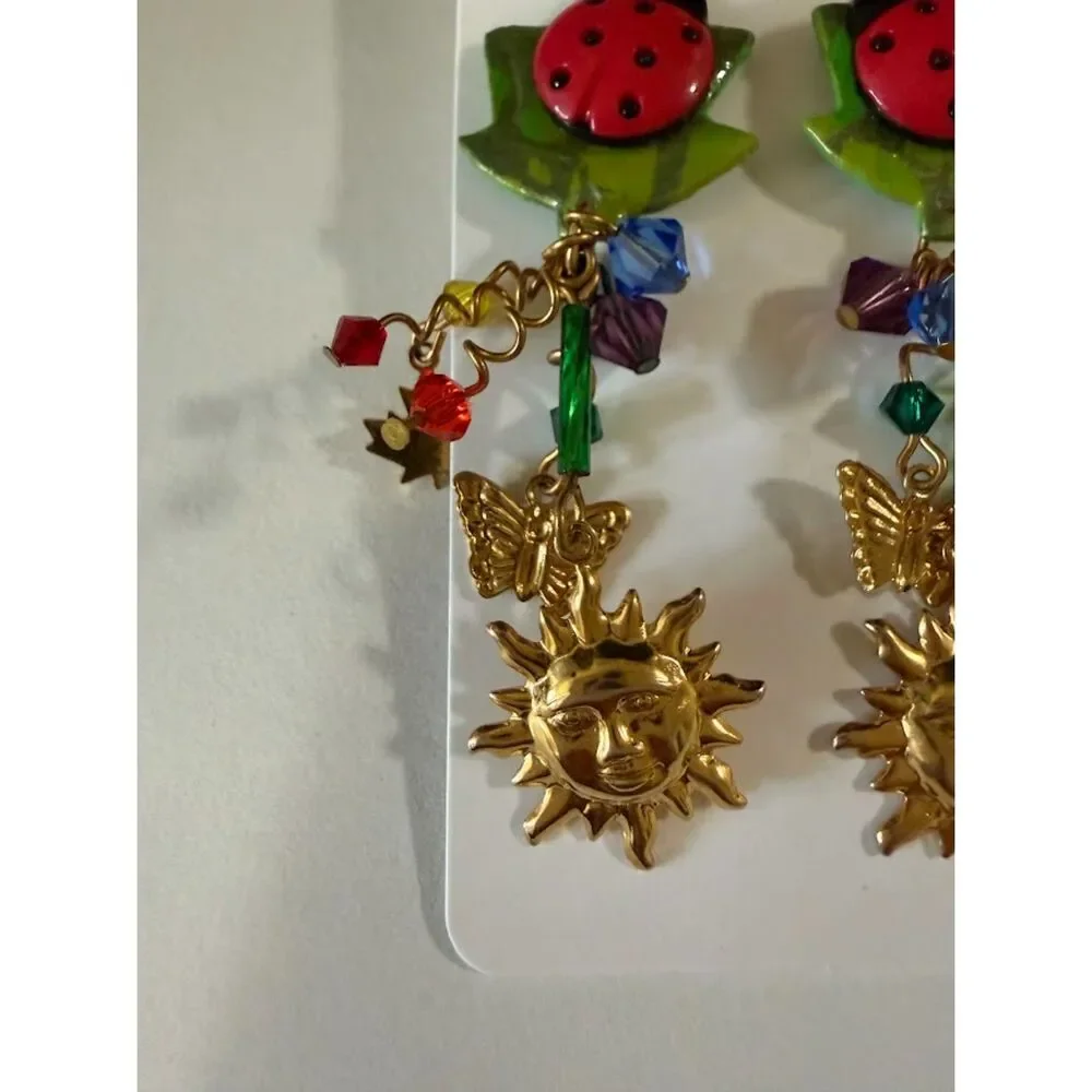 Vintage ladybug  earrings, beaded dangles, sun and butterfly charms